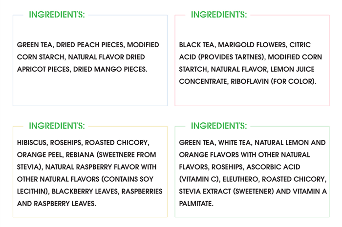 Вот список ингредиентов, содержащихся в 4 пакетиках чая из супермаркета.